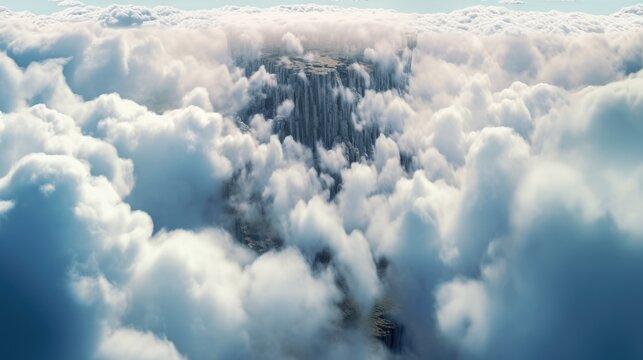 Aerial view of clouds and mountain peaks.