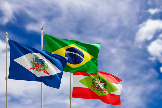 Official flags of the country Brazil, state of Santa Catarina and city of Joinville. Swaying in the wind under the blue sky. 3d rendering