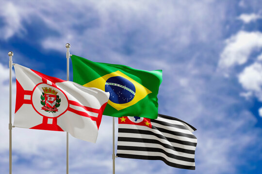 Official flags of the country Brazil, state of Sao Paulo and city of Sao Paulo. Swaying in the wind under the blue sky. 3d rendering