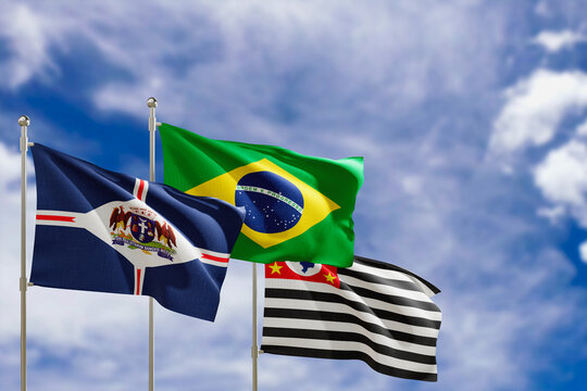 Official flags of the country Brazil, state of Sao Paulo and city of Guarulhos. Swaying in the wind under the blue sky. 3d rendering
