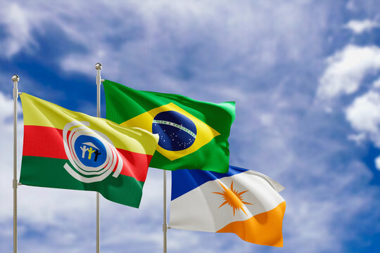 Official flags of the country Brazil, state of Tocantis and city of Araguaina. Swaying in the wind under the blue sky. 3d rendering