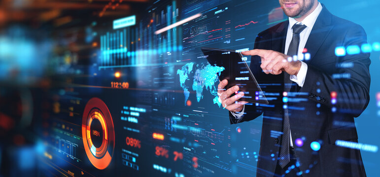 Man finger touch tablet and digital forex analysis. Ai generative illustration