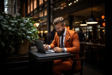 A man in an orange suit is sitting at a table with a laptop