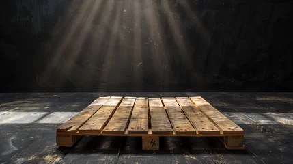 Tuinposter wooden pallet table that has been prepared as a product photo template, with a black studio photo background. Ai generated Images © mohammad