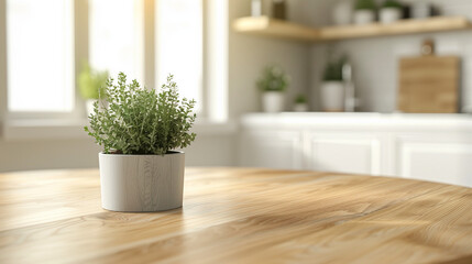 An empty wooden table that has been used as a product photo template, with a mini potted plant on top. The table is located in the middle of a minimalist kitchen space, with a clean and simple backgro