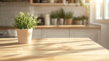 Fototapeta na wymiar An empty wooden table that has been used as a product photo template, with a mini potted plant on top. The table is located in the middle of a minimalist kitchen space, with a clean and simple backgro
