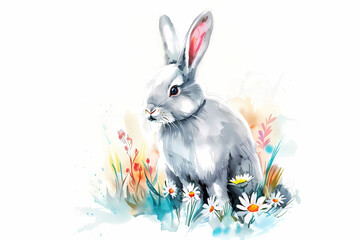Gray rabbit painted with watercolor sitting in wild flowers