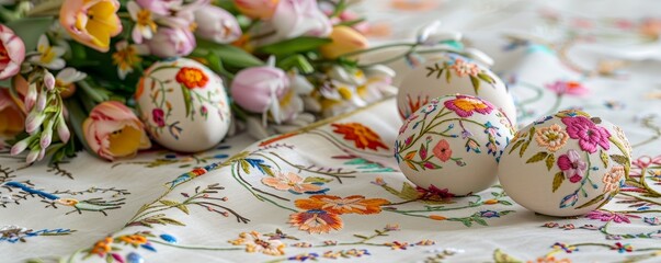 Fototapeta na wymiar A Beautifully Embroidered Easter Tablecloth Adorned with Intricate Egg Designs, Bringing a Festive Spring Vibe to the Dining Room