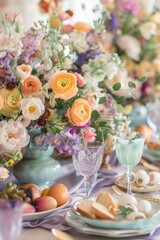 Obraz na płótnie Canvas A Lavish Easter Brunch Table Adorned with Vibrant Spring Flowers, Pastel Tableware, and an Array of Seasonal Delicacies