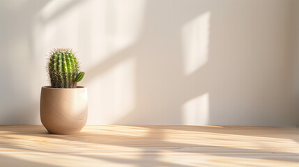 An empty wooden table used as a product photo template, with a pot containing a mini cactus on top. A table located in the middle of a bright and clean room, Ai Generated Images