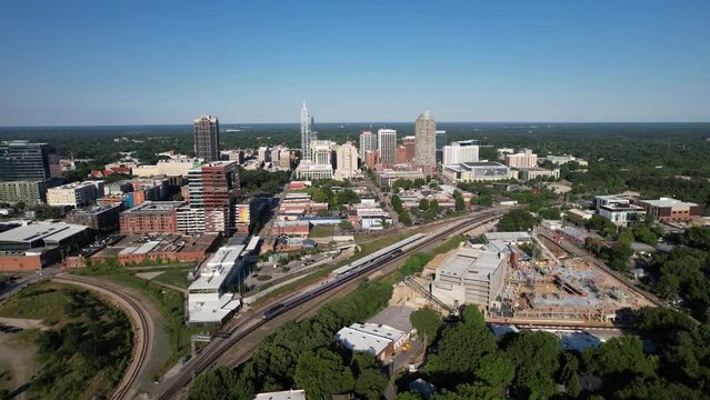 Aerial View Pulling Away From Raleigh North Carolina Skyline