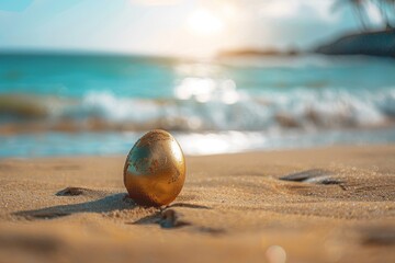 Fototapeta na wymiar A Mysterious Easter Egg Half-Buried in the Golden Sands of a Serene Beach, Waiting to be Discovered by an Adventurous Soul