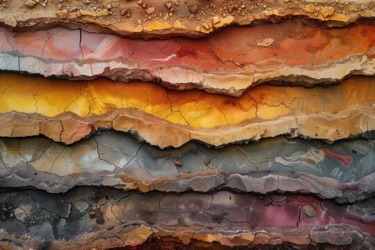 Stratified geological clay layers with vivid orange, yellow, grey, and red colors indicating natural sedimentation processes, concept of geology and earth's history