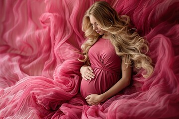 A pregnant woman is lying on a pink bedspread - obrazy, fototapety, plakaty