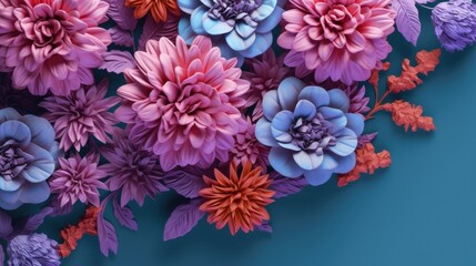 Fototapeta na wymiar Colorful dahlia flowers on blue background. 