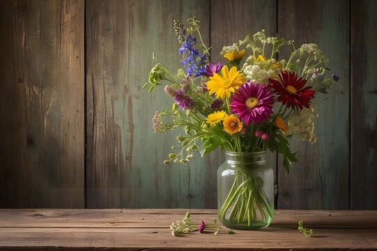 wild flower bouquet on vintage table; widescreen wallpaper / background with text space Generative AI
