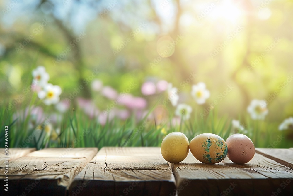 Wall mural Wooden table with easter eggs and blurred spring meadow background