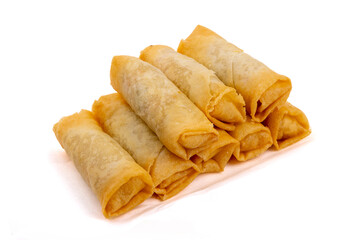 A pile of Asian, Chinese or Vietnamese, spring rolls isolated on white
