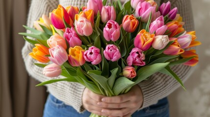 Close up shot of woman s hands holding a vibrant bouquet of colorful tulips in full bloom