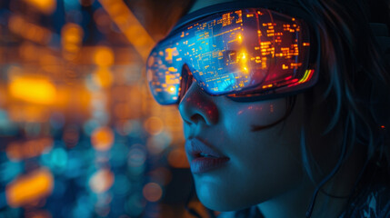 A virtual reality headset worn by a person with projections of financial data and projections in front of them highlighting the use of technology and simulations in financial