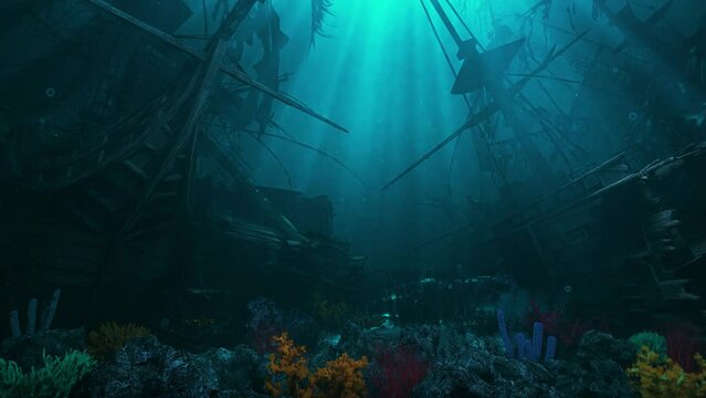 Pirates Shipwreck Galleons in the Coral Reef - Loop Underwater Landscape Background