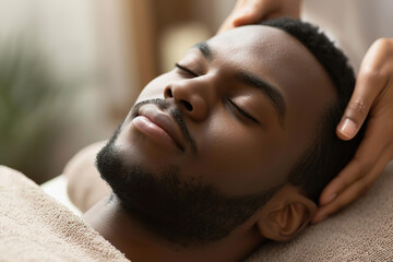 Young black man enjoying relaxing facial massage in spa