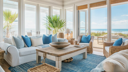 coastal-inspired living room with nautical decor, blue and white color palette, and natural textures such as rattan and driftwood.
