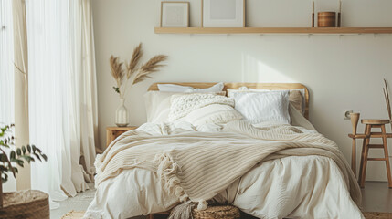 A cozy Scandinavian-inspired bedroom with light wood accents, soft textiles, and subtle pops of color, featuring a comfortable bed layered with plush bedding.