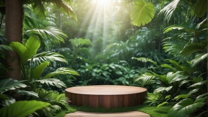 Podium pedestal in tropical forest garden green plant. Nature and Organic cosmetic and food presentation theme