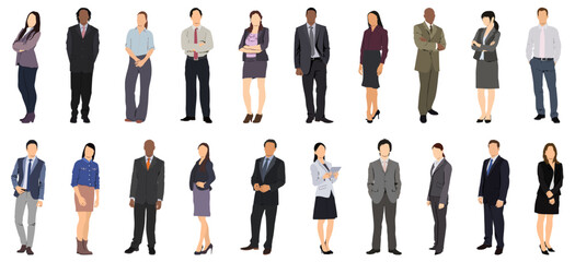 Fototapeta na wymiar Multinational business team. Vector illustration of diverse cartoon men and women of various ethnicities, ages, and body types in office outfits. Isolated on white.