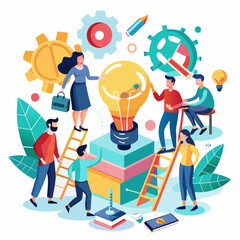 Mini people create idea to success. Business illustration vector graphic on white background. Flat cartoon miniature character.