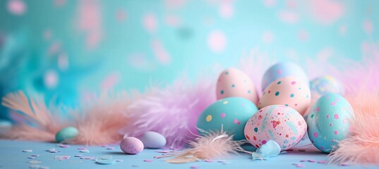 pink and blue Easter eggs and feathers in trendy pastel candy colors