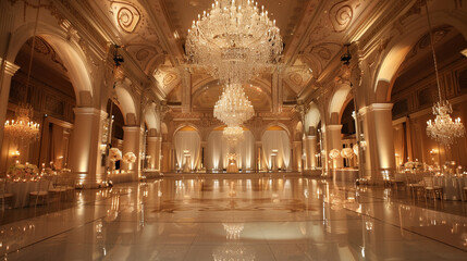 A glamorous ballroom wedding hall with crystal chandelier - Powered by Adobe