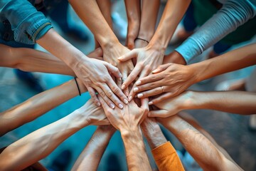 Hands United in Teamwork and Support, To convey the concept of teamwork, unity, and support through the symbolic image of hands coming together in a - obrazy, fototapety, plakaty
