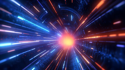 Car lights leave traces in tunnel, concept of speed and movement