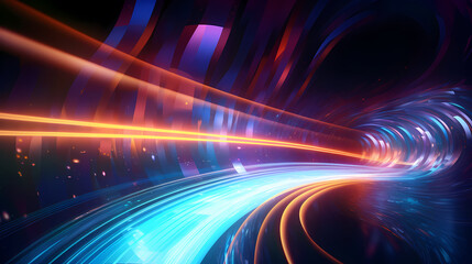 Car lights leave traces in tunnel, concept of speed and movement