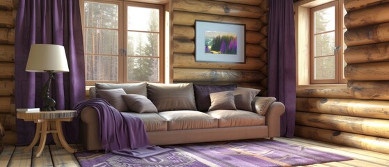 Log cabin living room in violet and beige tones. Fabric sofa, carpet and windows. Frame mockup, farmhouse interior design, 3d illustration