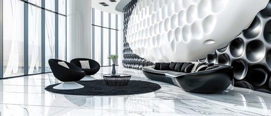 Luxurious futuristic trendy modern interior in contrasting black and white colors with interesting fashionable black furniture and decorated wall