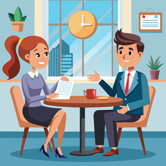 Cartoon character business team have conversation. Woman and man at morning meeting