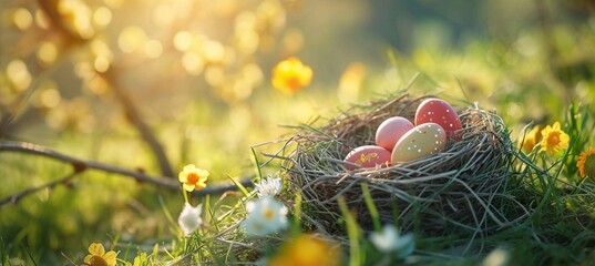 Nest with easter eggs in grass on a sunny spring day