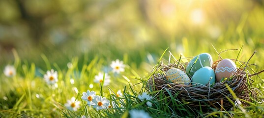 Nest with easter eggs in grass on a sunny spring day, copy space