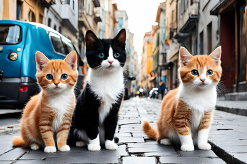 Cute little cats roaming the city.
Generative AI - obrazy, fototapety, plakaty