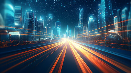 Fototapeta premium Car lights leave traces in tunnel, concept of speed and movement