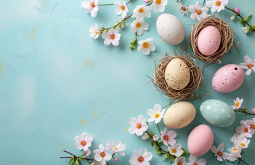Easter eggs on blue background, flatlay Easter greeting background