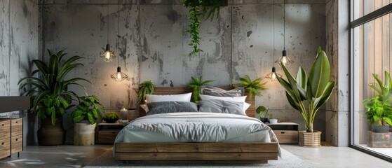 modern bedroom with concrete wall and modern decor 3d Illustration