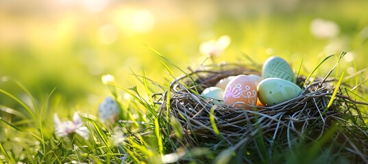 Nest with easter eggs in grass on a sunny spring day, negative space