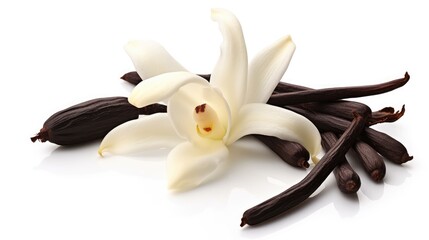 Vanilla pods and flower isolated on white background. - obrazy, fototapety, plakaty