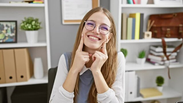 Cheerful young blonde woman in business attire, joyfully pointing fingers, forcing a natural, bright white smile in the office, sparking fun and happiness.