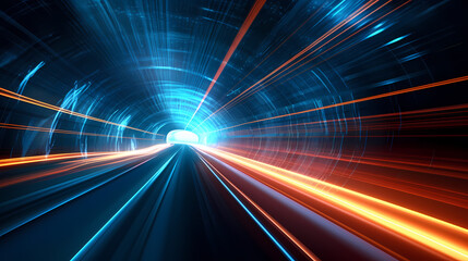 Car lights leave traces in tunnel, concept of speed and movement - obrazy, fototapety, plakaty