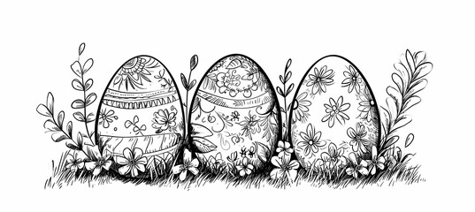 Three Easter eggs - decoration. Black and white picture